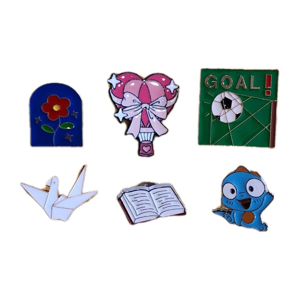 Lot Of 6 Enamel Pins Tie Tacks Brooch Charms GOAL books Whimsy Fantasy Kawaii